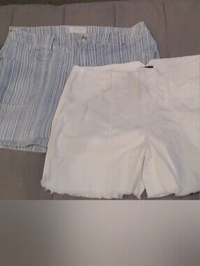 Women's White Denim Shorts & Blue Striped Cotton Shorts - Twin Pack